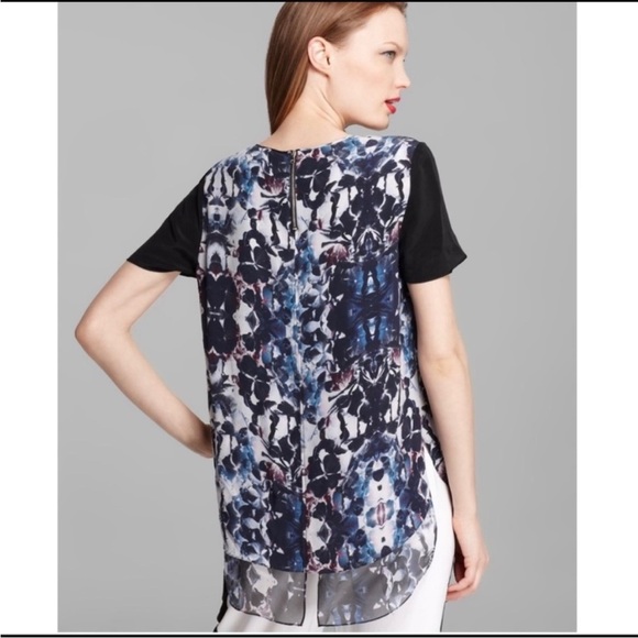 Rebecca Taylor  Blue black Abstract Printed Short Sleeve Silk Blouse Size 8 - Picture 3 of 16